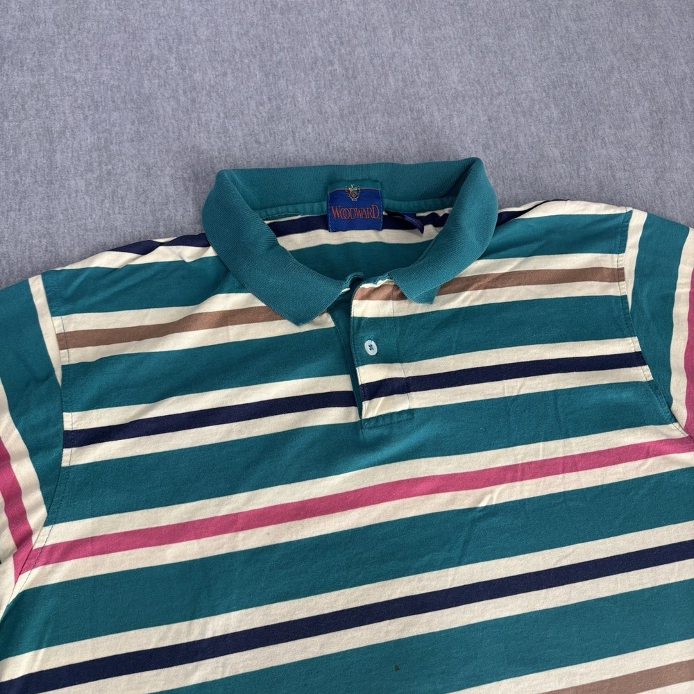 Woodward Vintage‎ Striped Polo Shirt Mens XL Short Sleeve Cotton Teal 90s Retro
